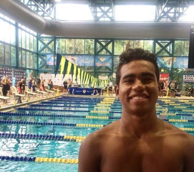Senior Tristan Celestin at a swim meet this past 2015 season. (Photo Courtesy of Tristan Celestin)