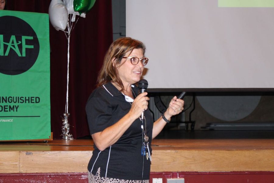 DECA advisor Sharon Cutler speaks about the importance of NAF at the Open House on September 19, 2017. Photo by Rachel Catania.