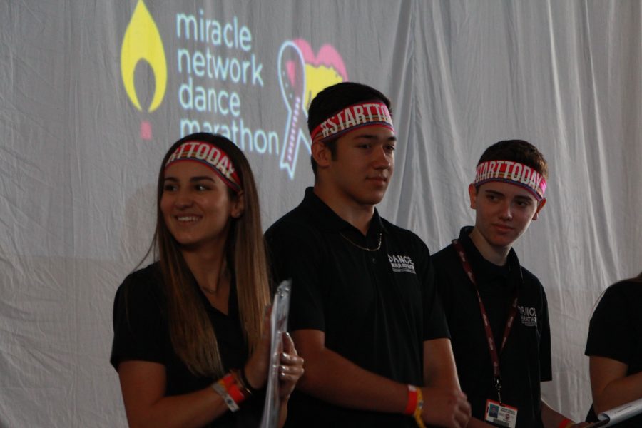 Senior+Angelique+Meneses+and+juniors+Ethan+Rocha+and+Drew+Schwartz+get+ready+to+present+the+final+donation+total+at+Dance+Marathon+on+April+2_.+Photo+by+Rebecca+Schneid.