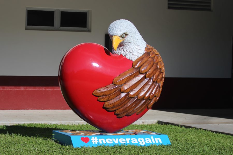 #NeverAgain. An eagle sculpture donated by a middle school art class in Miami, Florida stands 7 feet tall in the senior courtyard. Photo by Nyan Clarke