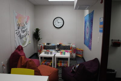 New seating area is filled with color and comfort with coloring utensils for students to express their creativity with. Photo by Einav Cohen