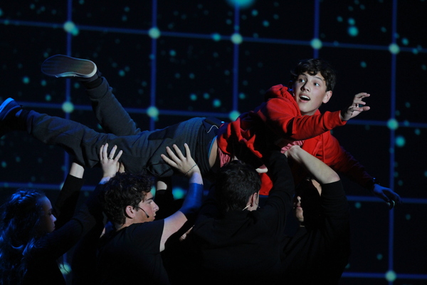 Logan Webber, who plays the lead role of Holden _______ in the play, The Curious Incident of a Dog in the Nightime flies across the stage. Photo by Nyan Clarke