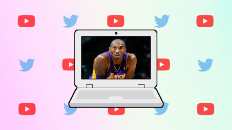 Kobe Bryant with a background of Twitter and YouTube logos