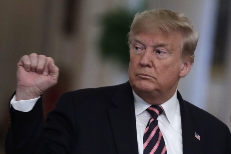 U.S. President Donald Trump gestures after his remarks about his Senate impeachment trial in the East Room at the White House in Washington on February 6, 2020. Trump said the Chiefs would visit the White House very soon. (Yuri Gripas/Abaca Press/TNS)