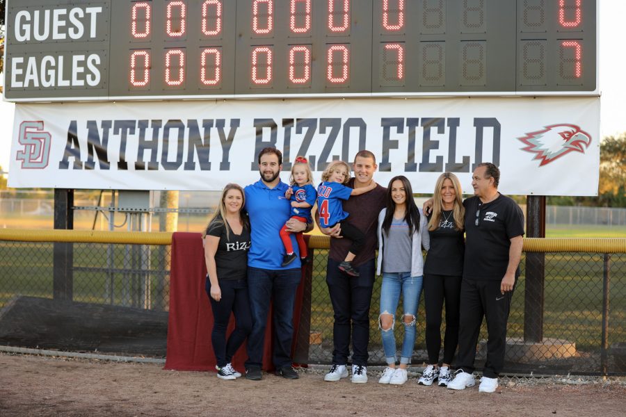 Anthony Rizzo stands in front of the newly named Anthony Rizzo fields at Marjory Stoneman Douglas High School on Feb. 3, 2020. Photo courtesy of Jillian Jarboe