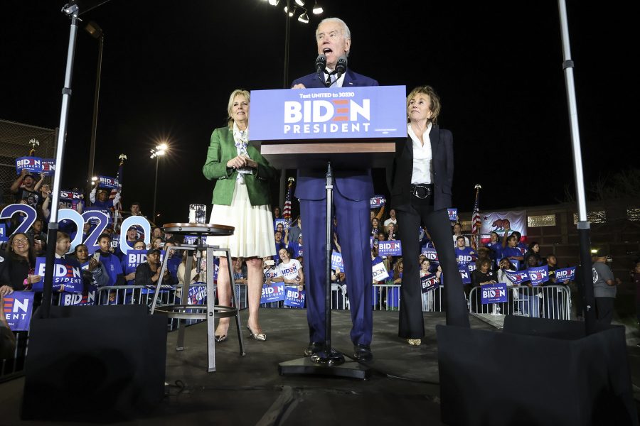 On March 3, 2020 Democratic Presidential candidate, Joe Biden, held a rally at the Baldwin Hills Recreation Center in Los Angeles with his wife, Jill, and sister, Valerie. Photo courtesy of Robert Gauthier/Los Angeles Times/TNS