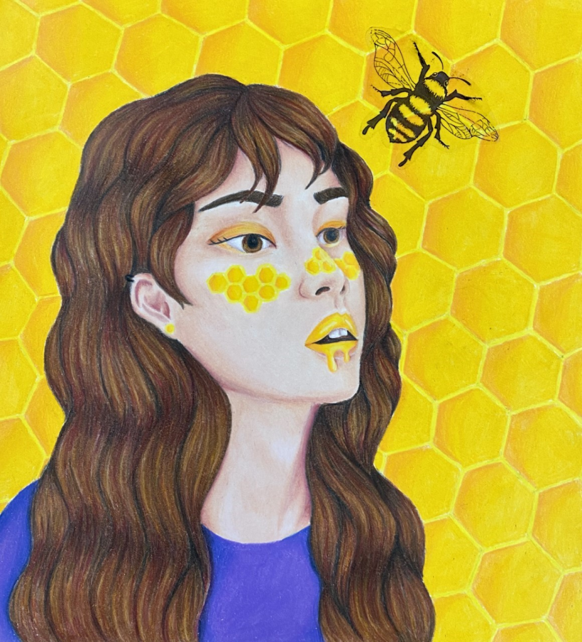 Junior Christine Yared was selected as an eARTh Day Art Contest finalist with a painting featuring a girl in a honeycomb. The inspiration behind the piece comes from pervious sketches and the bees population decrease.