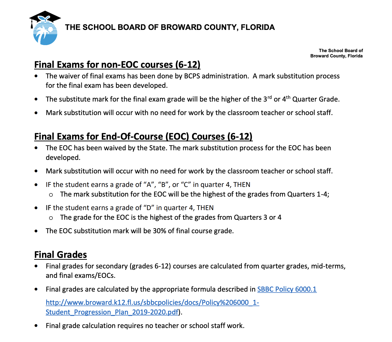 Broward County Public Schools waives finals and Florida Department of