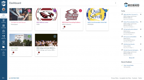 A screenshot of a Canvas page which does not show any of the student's classes for the 2020-2021 school year. Only clubs and self-enrolled classes can be viewed.