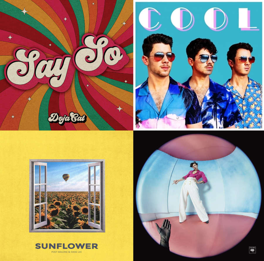 Say+So%2C+Cool%2C+Sunflower+and+Watermelon+Sugar+are+some+of+the+best+songs+to+listen+to+before+summer+ends.+Graphic+by+Travis+Newbery+