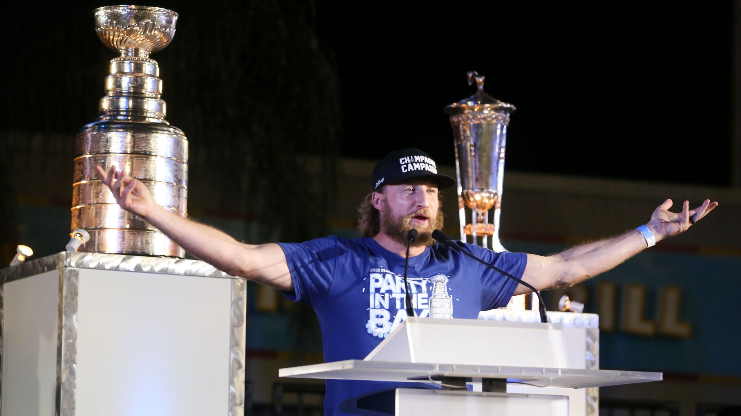 Tampa Bay Lightning captain Steven Stamkos celebrates their Stanley Cup win while on the stage during a championship celebration at Raymond James Stadium on Sept. 30.  (Dirk Shadd/Times/TNS) 
