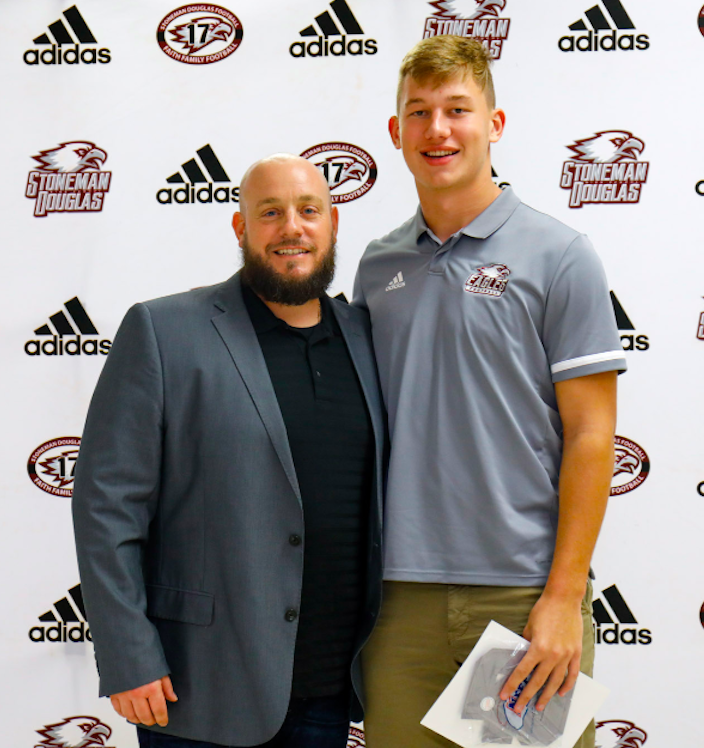 Marjory Stoneman Douglas football team's offensive lineman Michael McLaughlin (75) and defensive end Alex Brotten (84). Photos courtesy of Jillian Jarboe