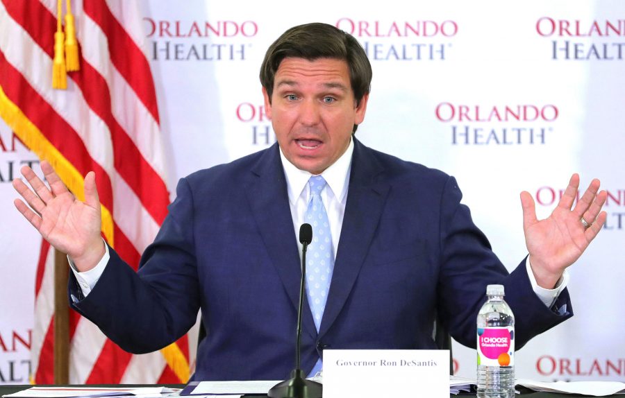 Florida Gov. Ron DeSantis during a news conference on the states status in the coronavirus crisis, at Orlando Healths Orlando Regional Medical Center on April 26, 2020. (Joe Burbank/Orlando Sentinel/TNS)