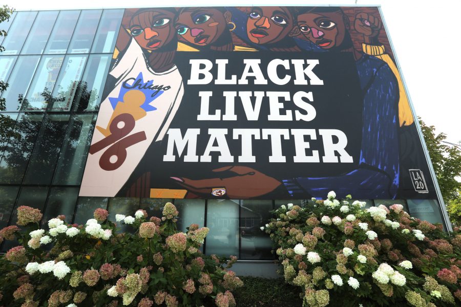Black Lives Matter mural in front of the Bulls training facility, Advocate Center, in Chicago, September 23, 2020. Large enough for everyone passing West Madison Street to see, the mural was created by artist Langston Allston. (Antonio Perez/Chicago Tribune/TNS)