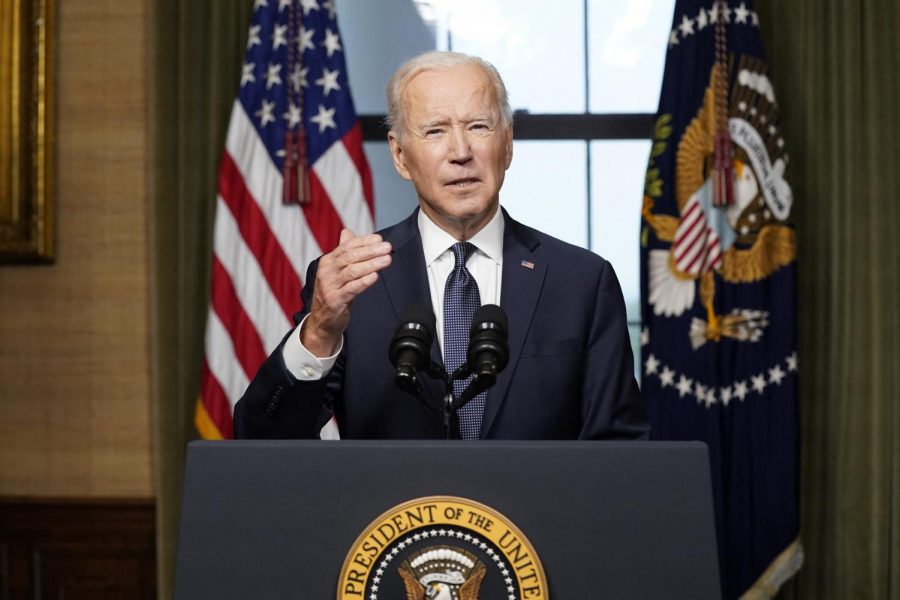 President Joe Biden speaks from the Treaty Room in the White House on Wednesday, April 14, 2021, about the withdrawal of the remainder of U.S. troops from Afghanistan. (Andrew Harnik/Pool/Abaca Press/TNS)