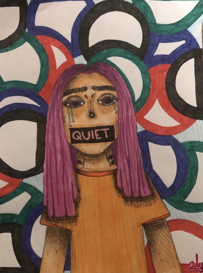 Drawing of crying girl with tape over her mouth saying quiet