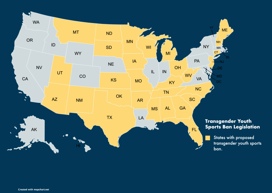 Twenty-nine states have proposed transgender youth sports ban bills. Graphic by Cassidy Tarr