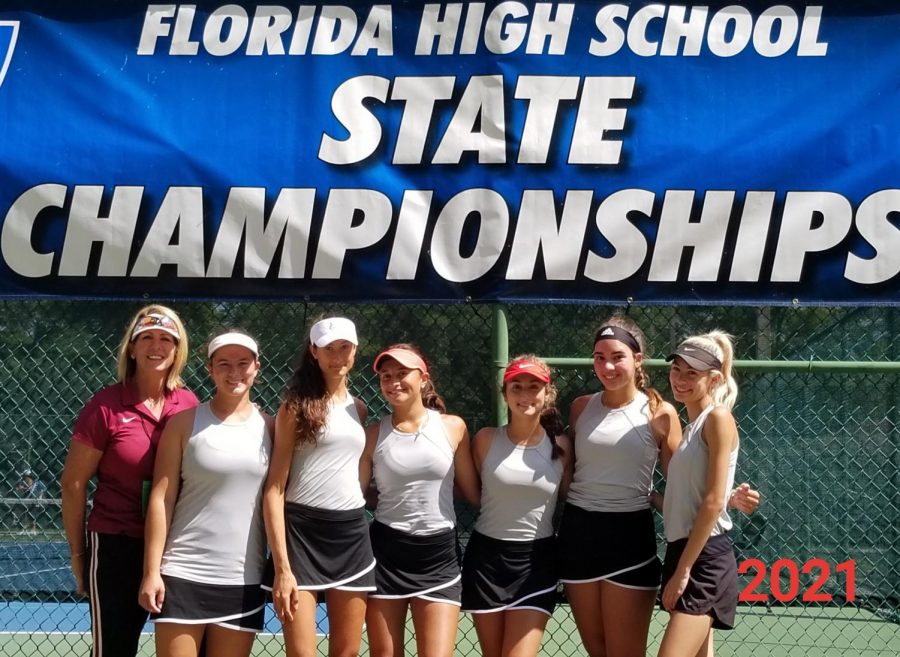 Coach Amy Pena and players Amanda Aponte, Tania Dumke, Maria Anzures, Manoela Ford and Daniella Tamim pose for a picture before the start of the FHSAA State Championships. The team traveled to Altamonte Springs to compete on April 28-30 and lost in the semi-final round. Photo courtesy of Amy Pena
