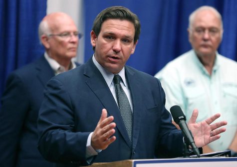 Florida Gov. Ron DeSantis speaks at a Monoclonal Antibody Treatment center at the Barnstorm Theater in The Villages on Wednesday, August 25, 2021. The center is one of many for treatment of COVID-19. DeSantis answered several media questions about school mask mandates following the press conference. Photo courtesy of Dreamstime/TNS.