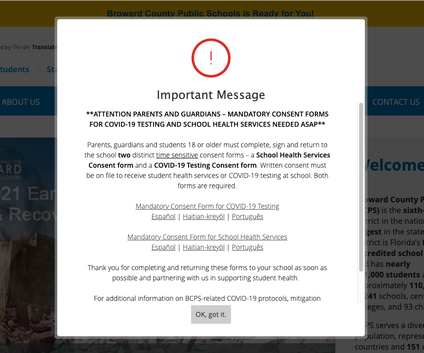 Upon+accessing+any+BCPS+website%2C+visitors+are+prompted+with+a+pop-up+about+COVID-19+testing+forms+and+clinic+consent+forms.+The+COVID-19+testing+form+allows+parents+and+guardians+to+opt+in+or+out+of+symptomatic+student+testing.+The+clinic+consent+form+allows+parents+and+guardians+to+opt+in+or+out+of+clinic+aid.