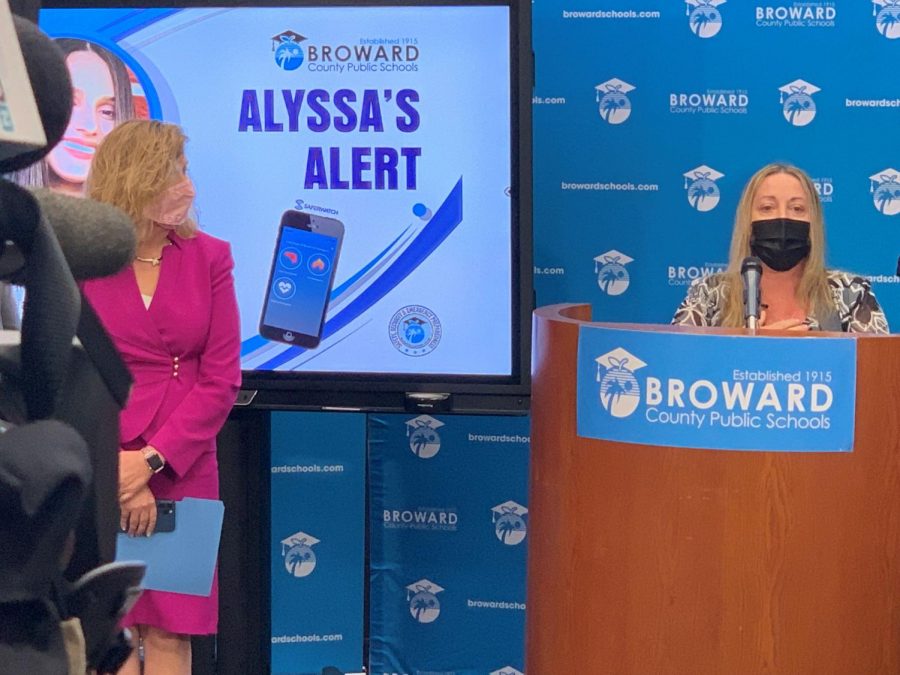 Broward School Board member Lori Alhadeff speaks about Alyssas Law, named for her daughter, at a press conference on Tuesday. Photo courtesy of Scott Travis