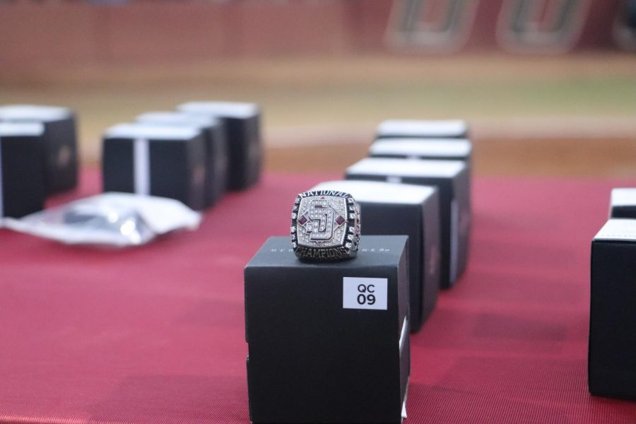 The championship rings of the 2020-2021 MSD varsity baseball team is displayed as the team prepares to receive them. The team earned the rings from becoming state and national champions during the season.