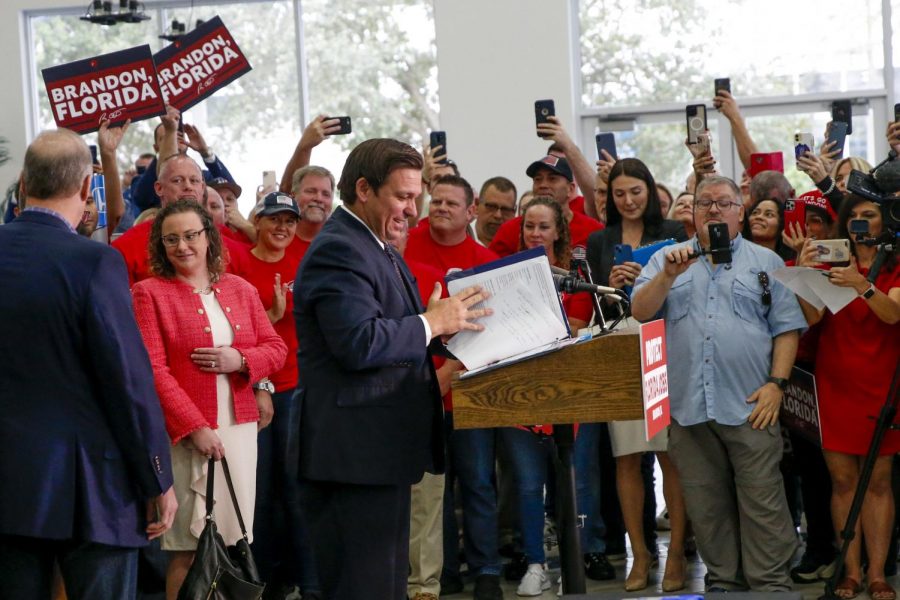 Florida Gov. Ron DeSantis prepares to speak before signing bills to limit COVID-19 vaccine mandates on private, state government employees and school districts at Brandon Honda in Brandon, Florida on Thursday, Nov. 18, 2021. Photo courtesy of Ivy Ceballo/Tampa Bay Times/TNS