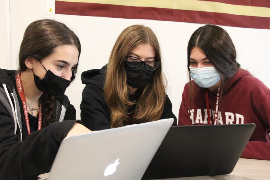 Seniors Ayla Bogart, Molly Feldman and Brittany Sherman works together on their AP class assignment. Striving to receive excellent grades for their last semester, they look forward to graduating and starting a new chapter after high school.