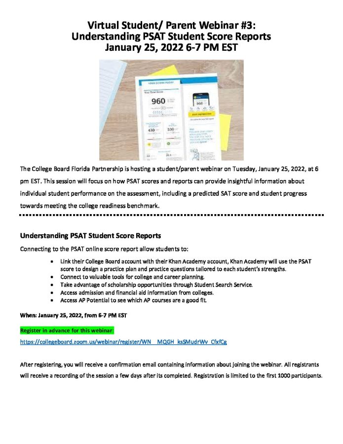 Flyer regarding web seminar for students and parents to understand PSAT scores.