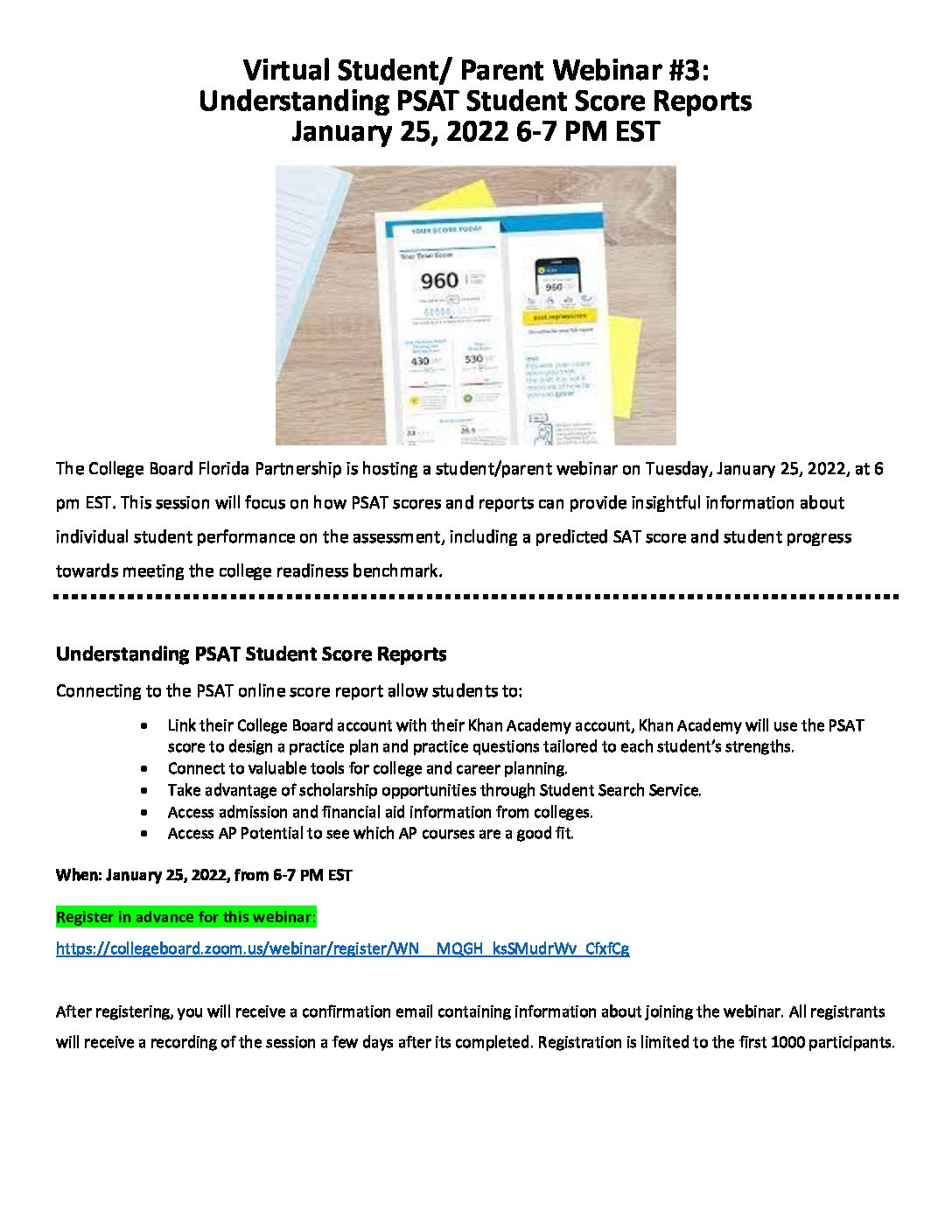 Sign Up! Flyer regarding web seminar for students and parents to understand PSAT scores.