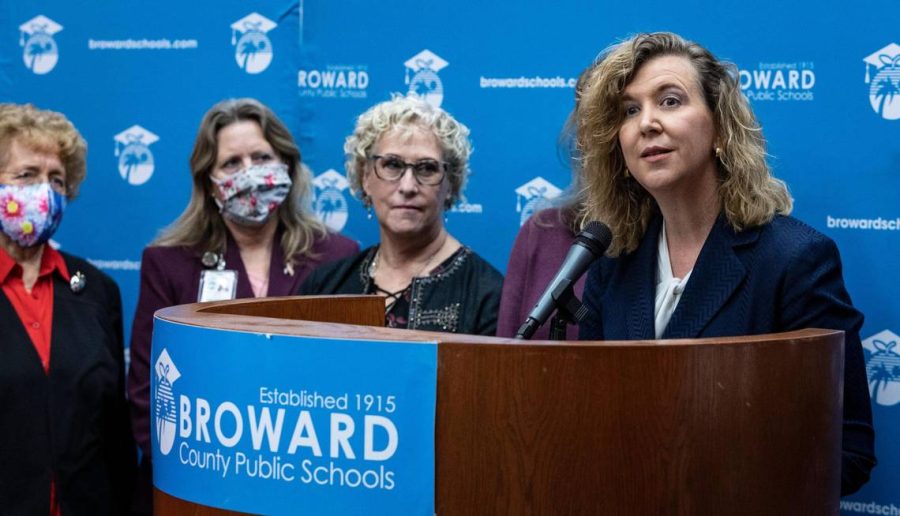 Dr. Vickie Cartwright, right, is flanked by members of the Broward County School Board as she speaks during a short press conference after she was elected Superintendent of Broward County Schools on Feb. 9, 2022, in Fort Lauderdale