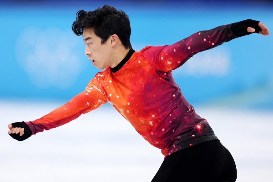 Olympic figure skater Nathan Chen skates in the 2022 Beijing Olympics wearing his costume designed by Vera Wang which has controversial opinions.