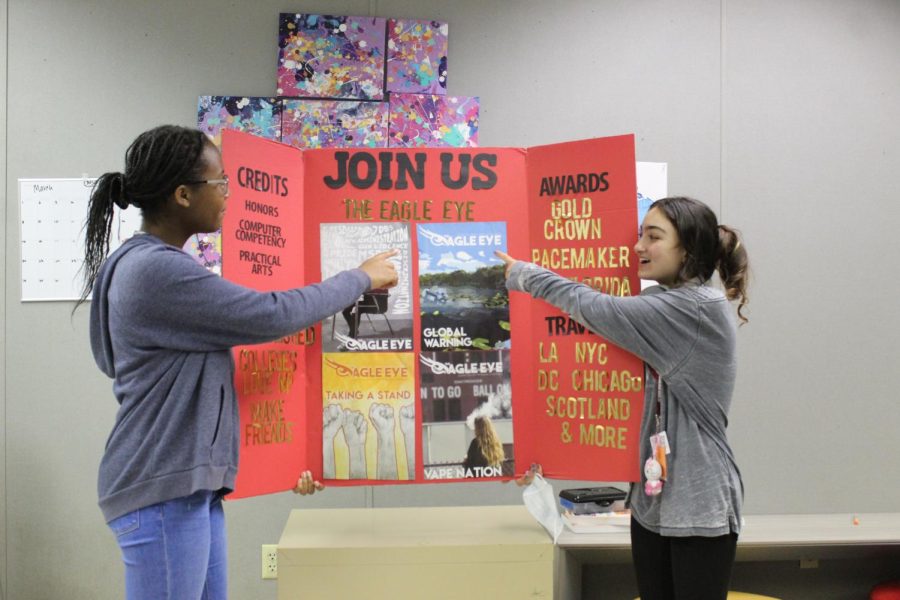 In the newspaper classroom, freshman Mariapaz Santacoloma and sophomore Briana Martin take pride in being a part of the Eagle Eye publication offered at MSD. They will be participating in Curriculum Night this upcoming Thursday.