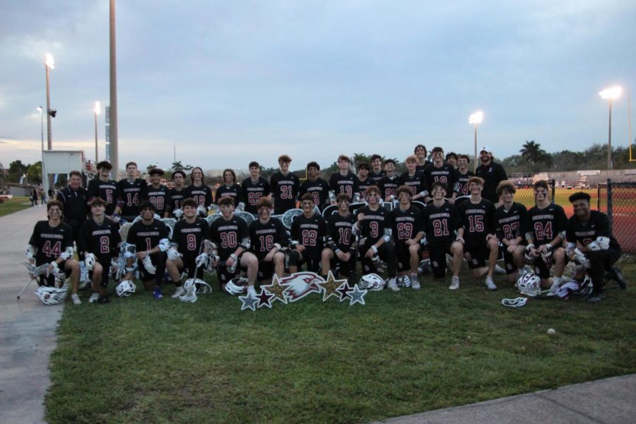 The MSD Mens Varsity Lacrosse team joins together to celebrate the teams senior night. The Eagles were able to end the night with a 16-6 victory. Photo courtesy of Patti Victoria.