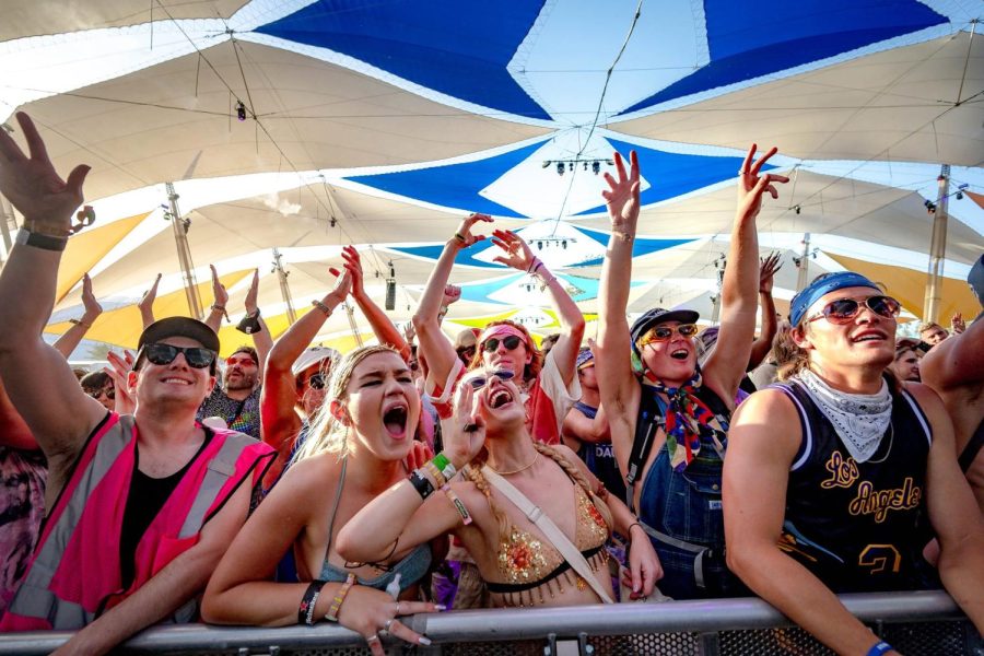 Festival goers react as Rebecca Black performs on the Do Lab stage during Coachella Valley Music and Arts Festival at the Empire Polo Club in Indio on Saturday, April 16, 2022. (Photo by Watchara Phomicinda, The Press-Enterprise/SCNG)