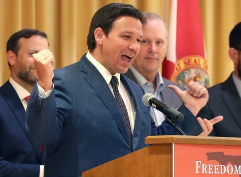 Florida Gov. Ron DeSantis speaks before he signs a record $109.9 billion state budget at The Villages on Thursday afternoon, June 2, 2022. Courtesy of Stephen M. Dowell/Orlando Sentinel/TNS.