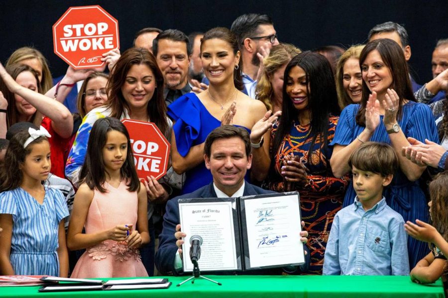 Florida Gov. Ron DeSantis reacts after signing HB 7, titled the Individual Freedom bill, also dubbed the Stop Woke Act, at Mater Academy Charter Middle/High School in Hialeah Gardens, Florida, on Friday, April 22, 2022. Courtesy of Daniel A. Varela/TNS.
