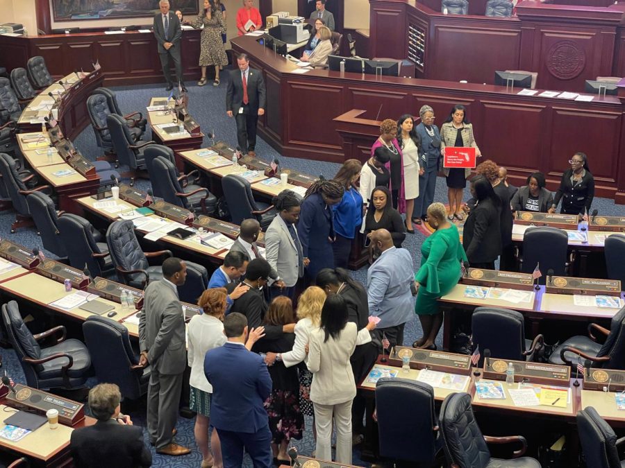 Florida House Democrats protest against the congressional map proposed by Gov. Ron DeSantis and approved by the Florida Senate. The protest in the Florida House chamber prompted a recess in the consideration of the bill by the House on Thursday, April 21, 2022, in Tallahassee, Florida. Courtesy of Ana Ceballos/Miami Herald/TNS.