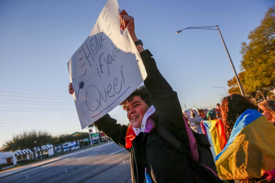 Moses May, 14, leads a student protest at Gaither High in Tampa, Florida, against what critics call the Dont Say Gay bills, on Monday, Feb. 14, 2022. Courtesy of Ivy Ceballo/Tampa Bay Times/TNS.