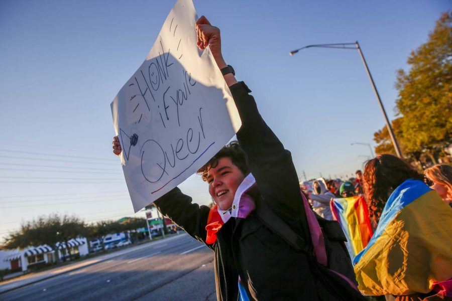 Moses May, 14, leads a student protest at Gaither High in Tampa, Florida, against what critics call the "Don't Say Gay" bills, on Monday, Feb. 14, 2022. Courtesy of Ivy Ceballo/Tampa Bay Times/TNS.