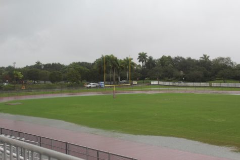 MSDs Cumber Stadium floods with rainwater during Hurricane Ian. Football practices and games were canceled due to the storms danger and unplayable field conditions.