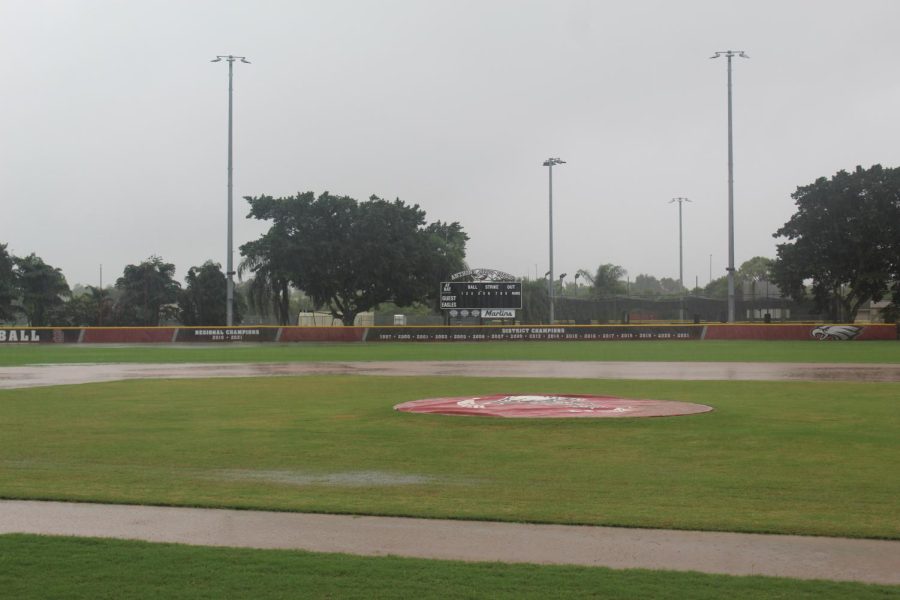 The+MSD+baseball+field+soaks+with+rain+as+Hurrican+Ian+passes+over+Parkland.+Safety+precautions+and+flooded+fields+led+to+the+cancelation+of+baseball+practices+and+games.