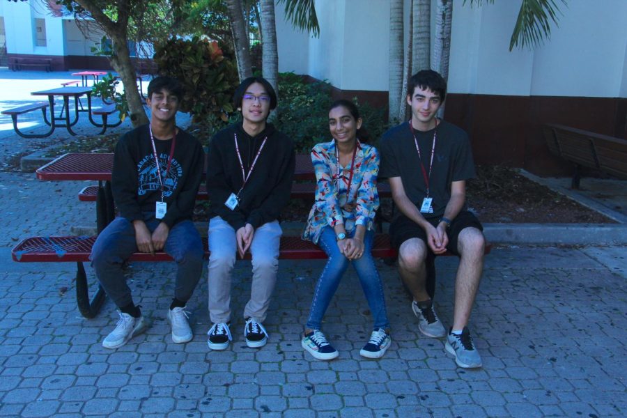 National Merit semifinalists sit together. The four MSD students- seniors Jason Choy, Nabeeha Haque, Rushil Kothur and Joshua Schwartz- were among the roughly 16,000 semifinalists.