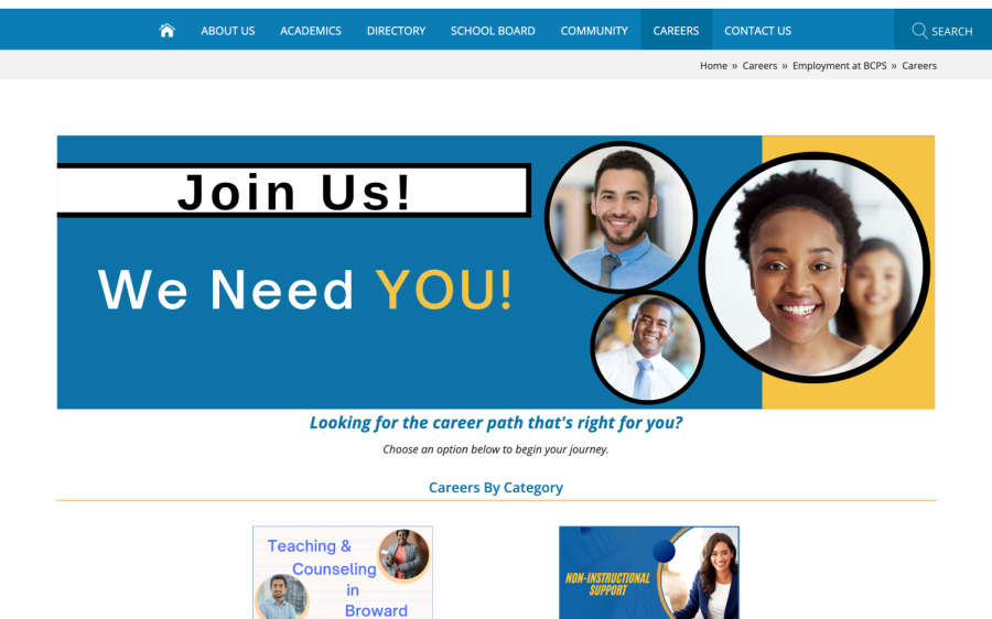 Under the "Careers" tab on the BCPS website, multiple tabs advertising positions in BCPS that need more employees are shown on the landing page. Employment rates are extremely low throughout BCPS after the effects of COVID-19 which has increased advertisements of available positions.