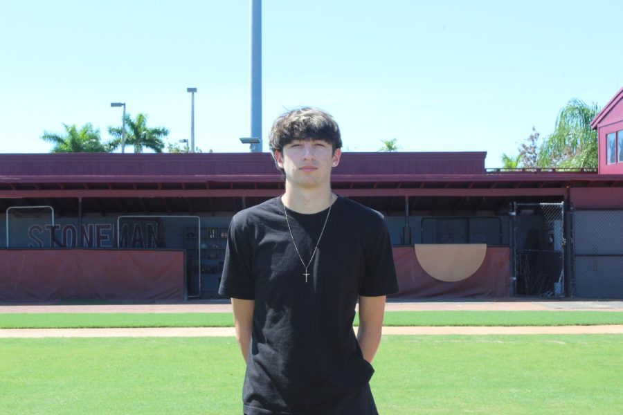 Jayden Dubanewicz stands on MSDs Anthony Rizzo field where he has played and grown throughout his high school baseball career. Dubanewicz is a developing pitcher for the MSD varsity baseball team.