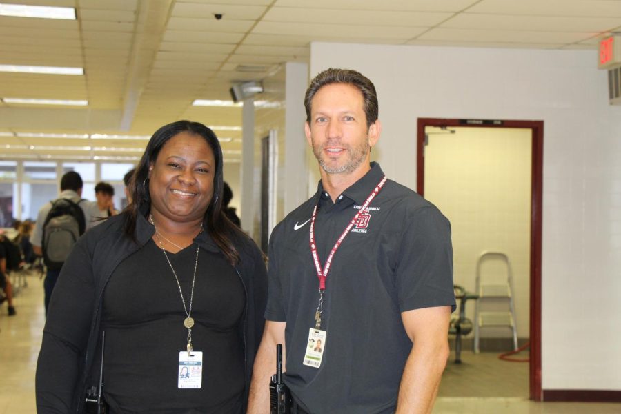 MSD administrators Lisa Farris and Daniel Lechtman show their support for drug and alcohol awareness by wearing all black on Wednesday during Red Ribbon Week.