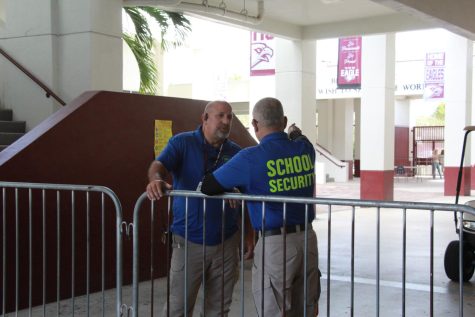 School security staff guard barriers blocking off the 100 building during the investigation. Parkland BSO were inside the building investigating the suspicious substance sent to the school.  