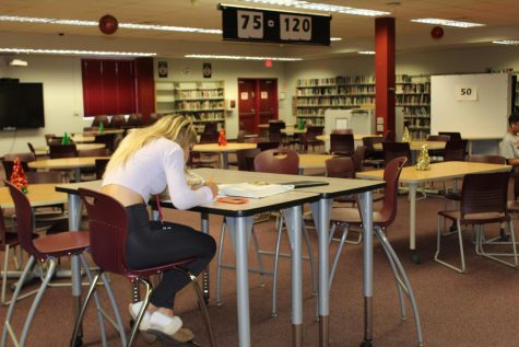 A student reviews her notes in the media center in preparation for an exam. Using her class textbook, she can retain information by re-reading book pages and reviewing information she learned in class.