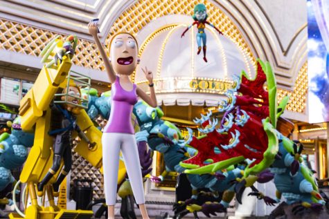 Figures of characters from the Adult Swim TV show Rick and Morty, Space Beth, Planetina and Summer Smith were unveiled on the Fremont Street Experience in front of the Golden Nugget near Casino Center Boulevard, on Friday, Sept. 2, 2022, in Las Vegas. Photo courtesy of Bizuayehu Tesfaye/Las Vegas Review-Journal/TNS.