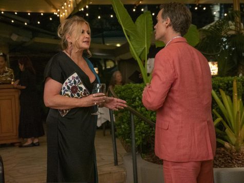 Jennifer Coolidge plays a guest at a tropical resort and Murray Bartlett the concierge in the HBO series The White Lotus. Photo courtesy of Mario Perez/HBO/TNS.